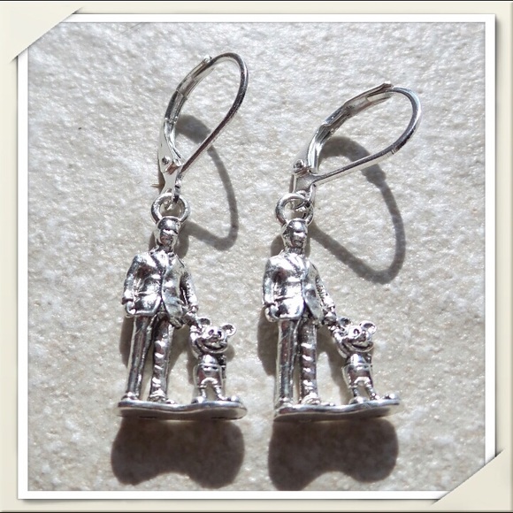 Man and Mouse holding Hands Silver Tone Earrings - Picture 5 of 9